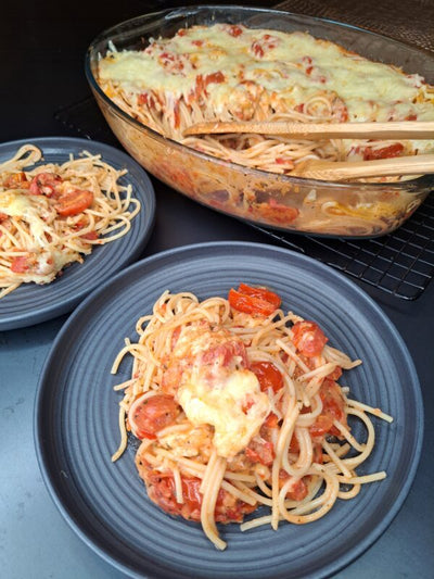 Einfacher Spaghetti Auflauf mit Tomaten-Kokossoße