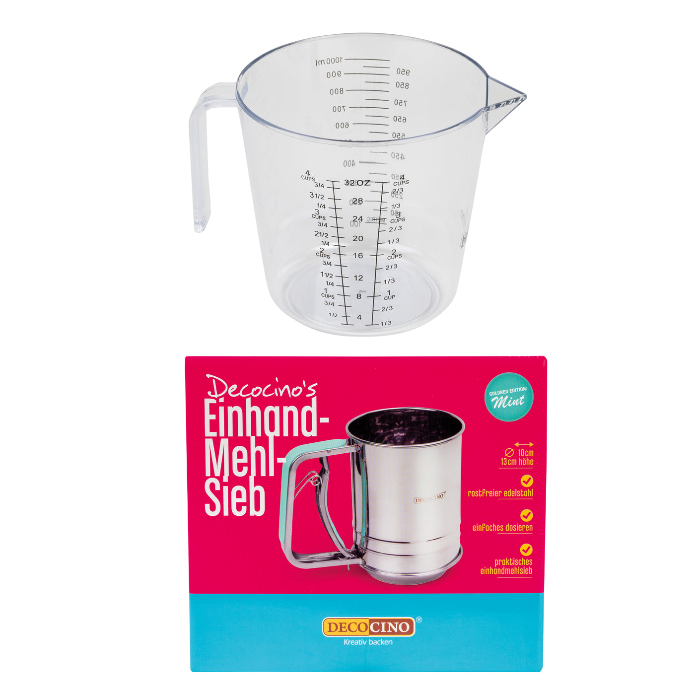 Set: Messbecher  + Einhand Mehlsieb