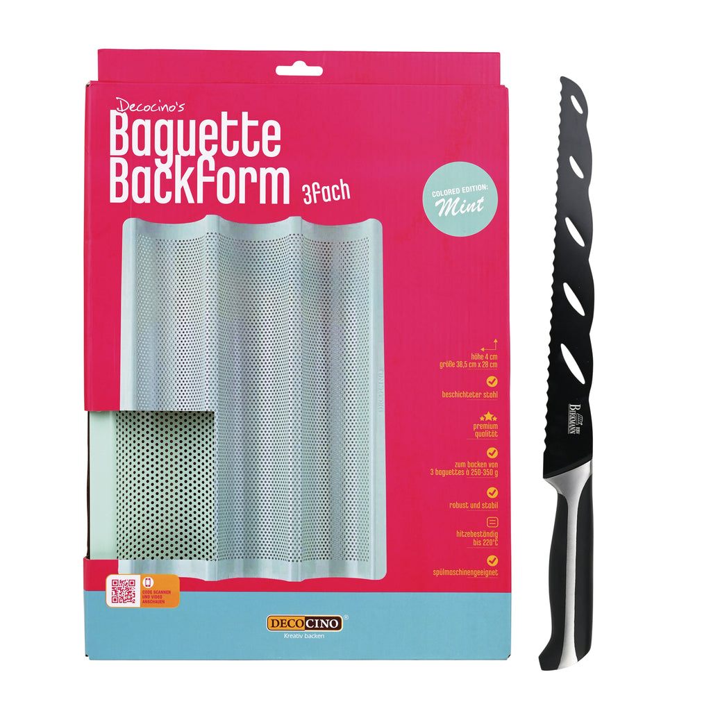 Baguette Set: Baguettebackform und Schwarzes Edelstahl Brotmesser (Klinge 28 cm)