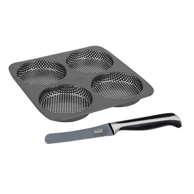 SET: Burgerblech und schwarzes Edelstahl Brötchenmesser (Klinge 12 cm)