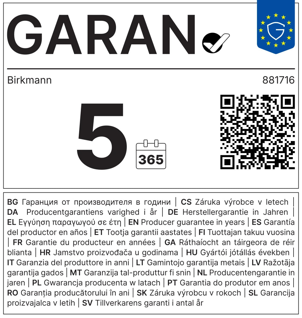 Herstellergarantie Label von Birkmann mit einer 5 jährigen Garantie